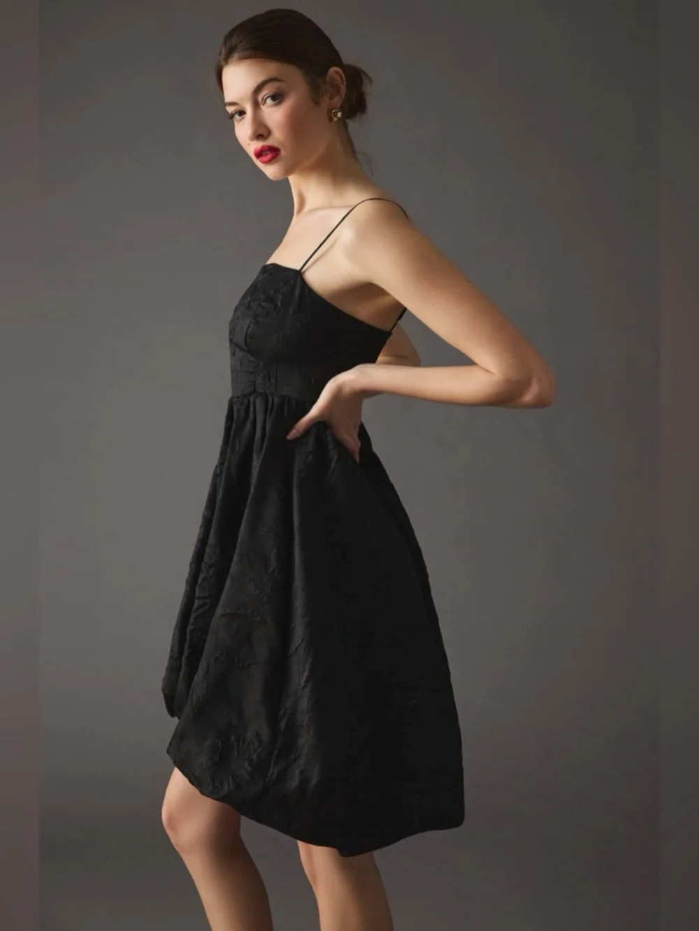 Anthropologie Black Jacquard Bubble Dress 16W Spaghetti Strap Party Cocktail - Picture 9 of 12